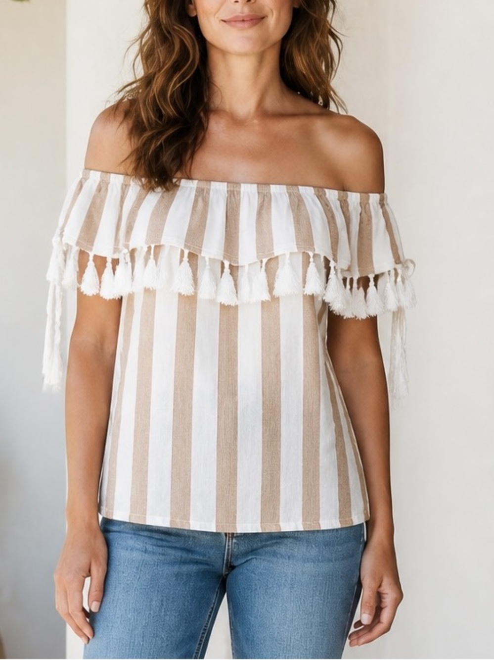 Andree Beige and White Off-Shoulder Tassel Stripe Top